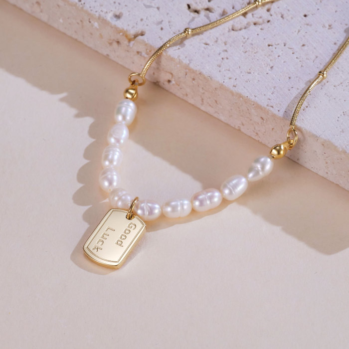 Fashion Titanium Steel Good Luck Square Plate Jewelry High-Grade Light Luxury Freshwater Pearl Bracelet