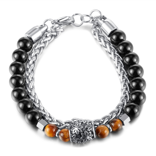 Stainless Steel Double Layer Twin Black Agate Tigereye Men's and Women's Bracelet