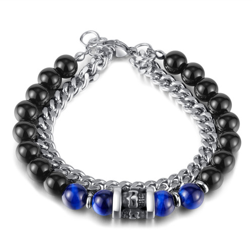 Stainless Steel Cuban Link Chain Double Layer Twin Black Agate Splicing Tiger-Eye Bracelet