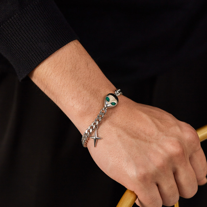 Stainless Steel Cuban Link Chain Alien Cross Bracelet
