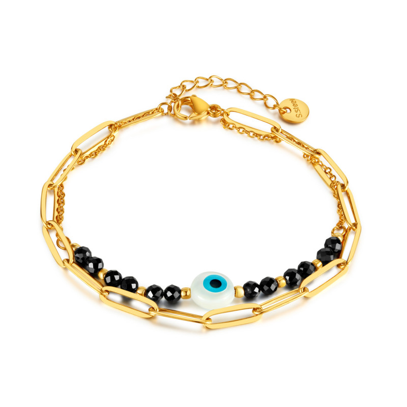 America Cross Border Hot Sale Stainless Steel Acrylic Devil's Eye Stitching Natural Stone Double-Layer Bracelet for Women