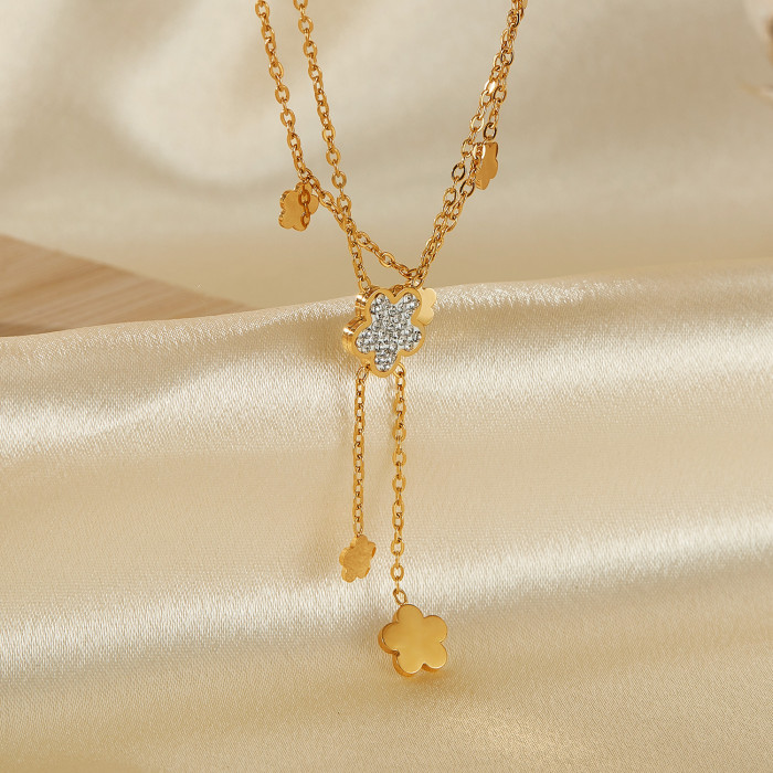 Retro Simple Double Layer Twin Tassel Flowers Pendant Elegant Fully Stone-Set Stainless Steel Necklace for Women