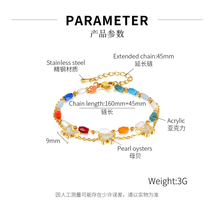 Cross-Border New Fashion Design Color Acrylic Beads Double-Layer Titanium Steel Shell Butterfly Bracelet