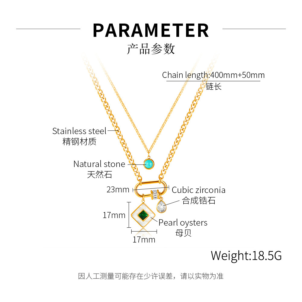 American Fashion Retro Elegant Stainless Steel White Mother Shell Square Natural Stone Pendant Double-Layer Necklace for Women
