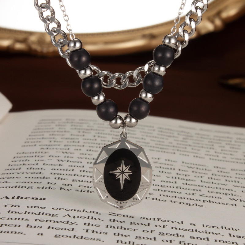 Double-Layer Beaded Stainless Steel Necklace Irregular Oval Eight Awn Star Pendant Necklace for Women