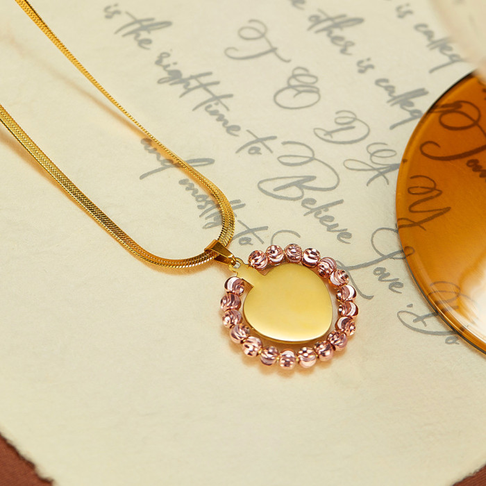 American Fashion Stainless Steel Round Flowers Frame Fully Stone-Set Heart-Shaped Pendant All-Match Commute Necklace for...