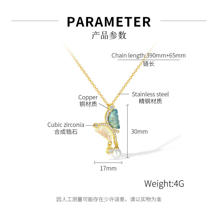 Special Interest Light Luxury Design Color Dopamine Asymmetric Butterfly Tassel Pearl Pendant Clavicle Chain