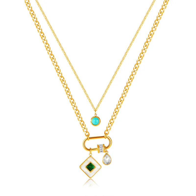 American Fashion Retro Elegant Stainless Steel White Mother Shell Square Natural Stone Pendant Double-Layer Necklace for Women
