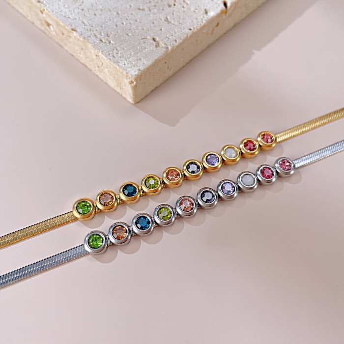 European and American Simple Titanium Steel Color Zircon Bracelet Women's Stainless Steel Flat Blade Chain Bracelet