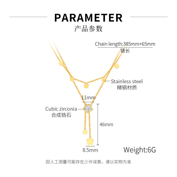 Retro Simple Double Layer Twin Tassel Flowers Pendant Elegant Fully Stone-Set Stainless Steel Necklace for Women