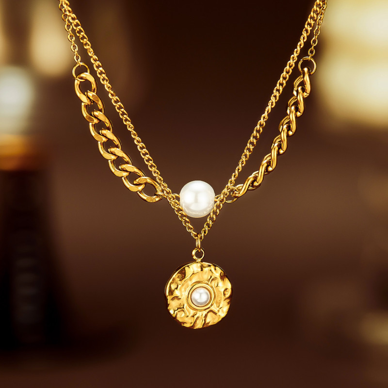 America Cross Border Personality Retro Affordable Luxury Stainless Steel Pearl round Brand Double Layer Twin Clavicle Chain
