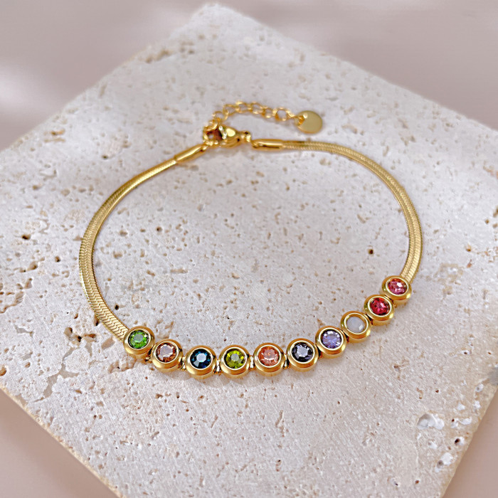 European and American Simple Titanium Steel Color Zircon Bracelet Women's Stainless Steel Flat Blade Chain Bracelet