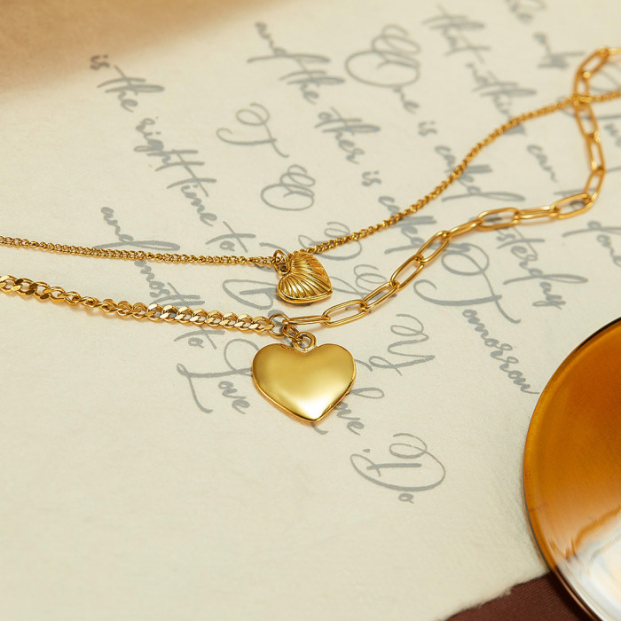 Niche Retro Stainless Steel Texture Size Love Pendant Double Layer Twin Clavicle Chain