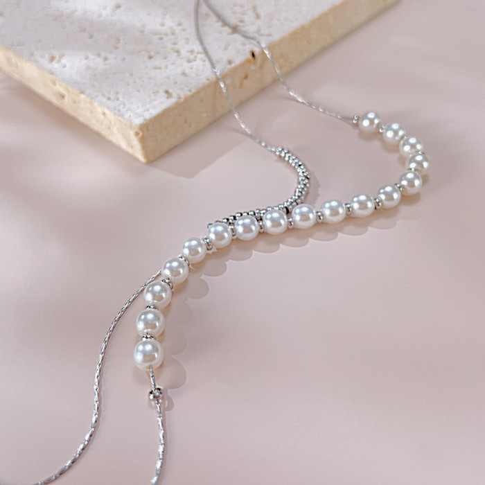 American Fashion Double Layer Twin Short Pearl Necklace Hot Selling Stainless Steel Women's Necklace