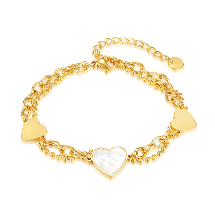 Fashion Ins Style All-Match Titanium Steel Peach Heart Bracelet Double-Layer Design Sense White Shell Heart Bracelet Female