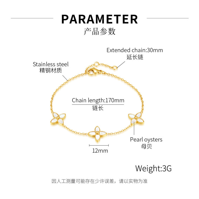 Korean Fashion All-Match Titanium Steel Clover Light Luxury High-Grade White Mother Shell Stainless Steel Bracelet for Women