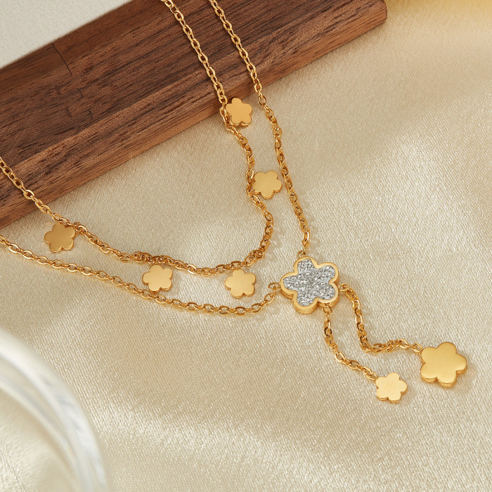 Retro Simple Double Layer Twin Tassel Flowers Pendant Elegant Fully Stone-Set Stainless Steel Necklace for Women