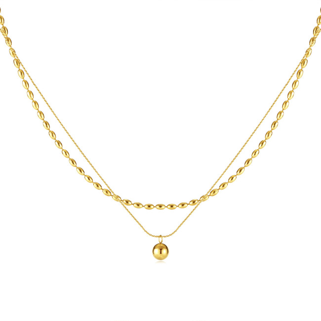 American and French Style Elegant Stainless Steel Golden Ball Pendant Double Layer Twin All-Match Clavicle Chain