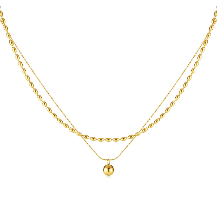 American and French Style Elegant Stainless Steel Golden Ball Pendant Double Layer Twin All-Match Clavicle Chain