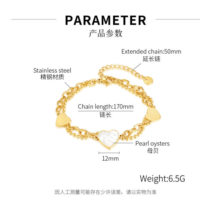 Fashion Ins Style All-Match Titanium Steel Peach Heart Bracelet Double-Layer Design Sense White Shell Heart Bracelet Female