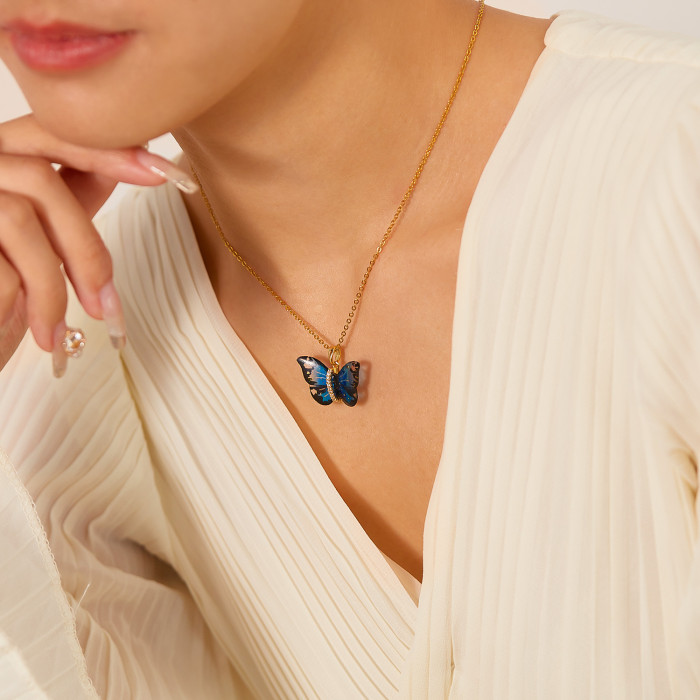 Japanese and Korean Fashion Design Color Gradient Butterfly Temperament Copper Pendant High-Grade Clavicle Chain