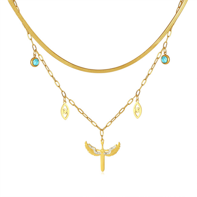 America Cross Border Personality Retro Affordable Luxury Stainless Steel Pearl round Brand Double Layer Twin Clavicle Chain