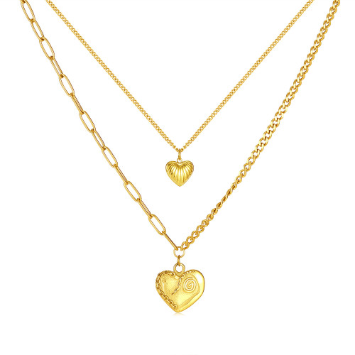 Niche Retro Stainless Steel Texture Size Love Pendant Double Layer Twin Clavicle Chain