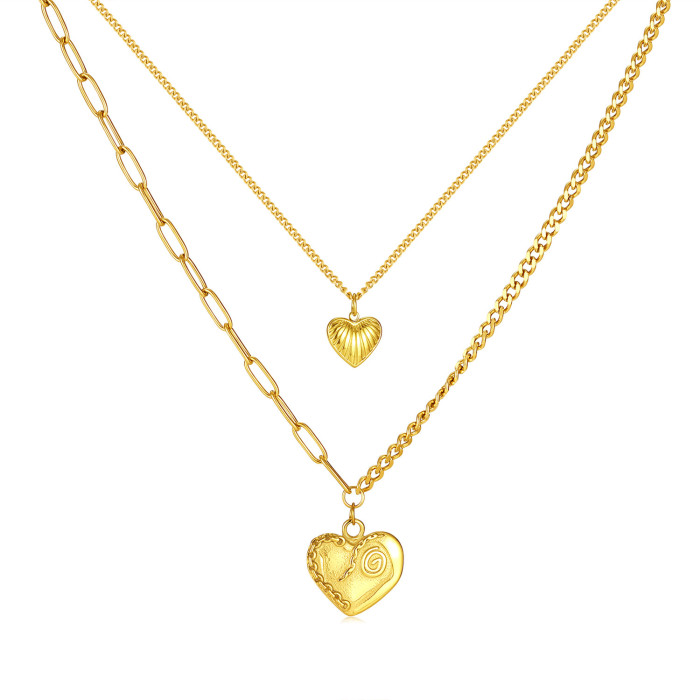 Niche Retro Stainless Steel Texture Size Love Pendant Double Layer Twin Clavicle Chain