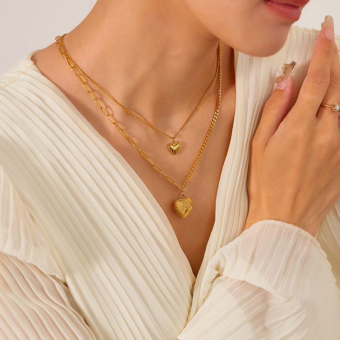 Niche Retro Stainless Steel Texture Size Love Pendant Double Layer Twin Clavicle Chain