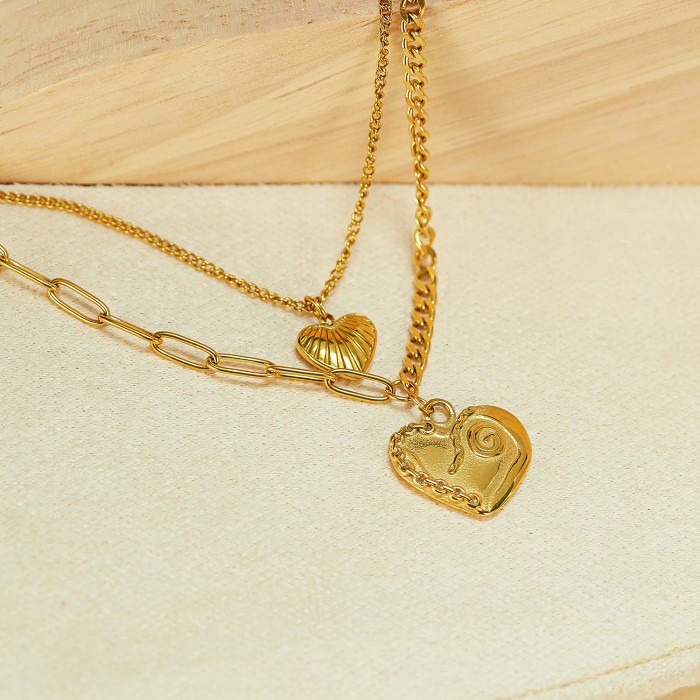 Niche Retro Stainless Steel Texture Size Love Pendant Double Layer Twin Clavicle Chain