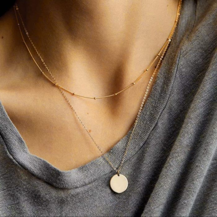 18K Gold Plated Design Titanium Steel Luxury Personality Double Layer Round Pendant Necklace for Women
