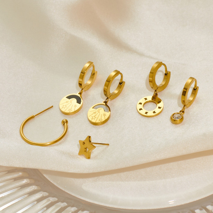 18K Gold Stainless Steel Round Five-Pointed Star Earrings Studded with Zircon Simple Fashion Hollowed-out Earrings