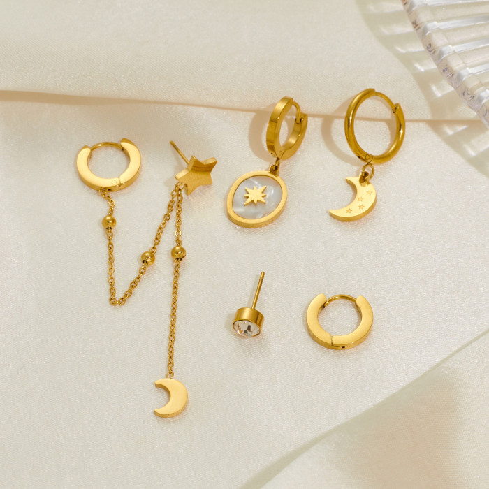 18K Gold Plated Stainless Steel Earrings Simple Fashion Cz Moon  Eight-Pointed Stars Pendant Earrings for Women