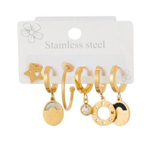 18K Gold Stainless Steel Round Five-Pointed Star Earrings Studded with Zircon Simple Fashion Hollowed-out Earrings