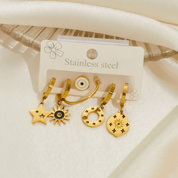 Stainless Steel 18K Gold Plated Earrings Simple Fashion Hollowed-out Star Eye Sun Clip on  Earrings Women