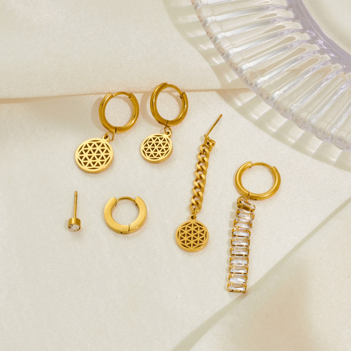 Trend 18K Gold Plated Earrings Simple Fashion Hollowed-out Round Stainless Steel Cz Stone Drop Earrings Eardrops