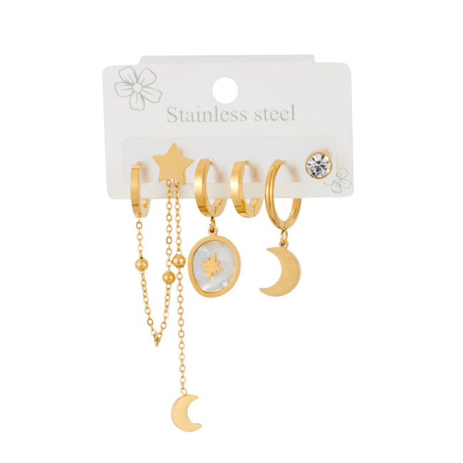 18K Gold Plated Stainless Steel Earrings Simple Fashion Cz Moon Eight-Pointed Stars Pendant Earrings for Women