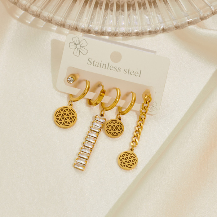 Trend 18K Gold Plated Earrings Simple Fashion Hollowed-out Round Stainless Steel Cz Stone Drop Earrings Eardrops
