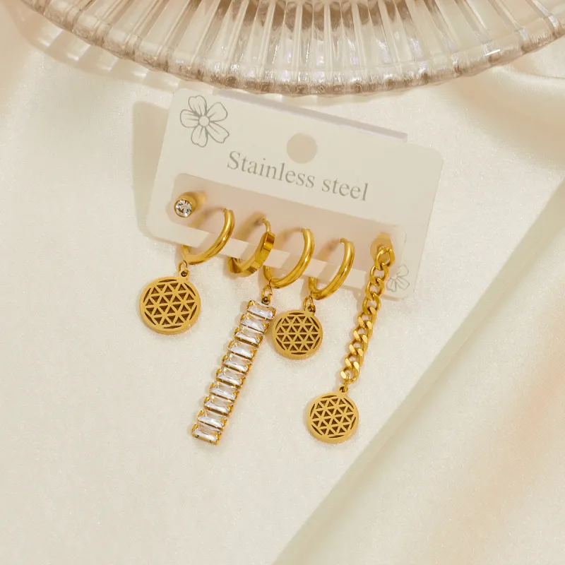 Trend 18K Gold Plated Earrings Simple Fashion Hollowed-out Round Stainless Steel Cz Stone Drop Earrings Eardrops