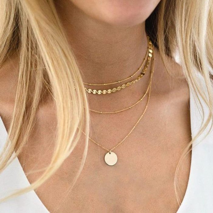 18K Gold Plated Design Titanium Steel Luxury Personality Double Layer Round Pendant Necklace for Women