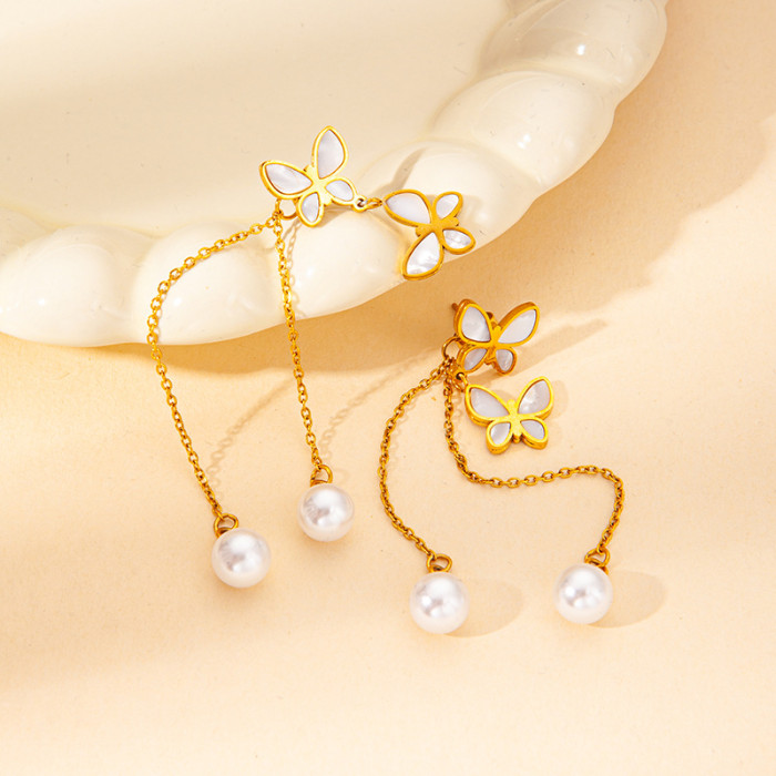 Chic Dainty 18K Gold Plated Stainless Steel Butterfly Pearl Earring for Women Stylish Trendy Party Festival Casual Je...