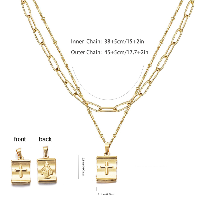 Classic Chic Elegant 18K Gold Plated Stainless Steel Multi-Layer Double Side Jesus Cross Necklace  Party Casual Jewelry Gift