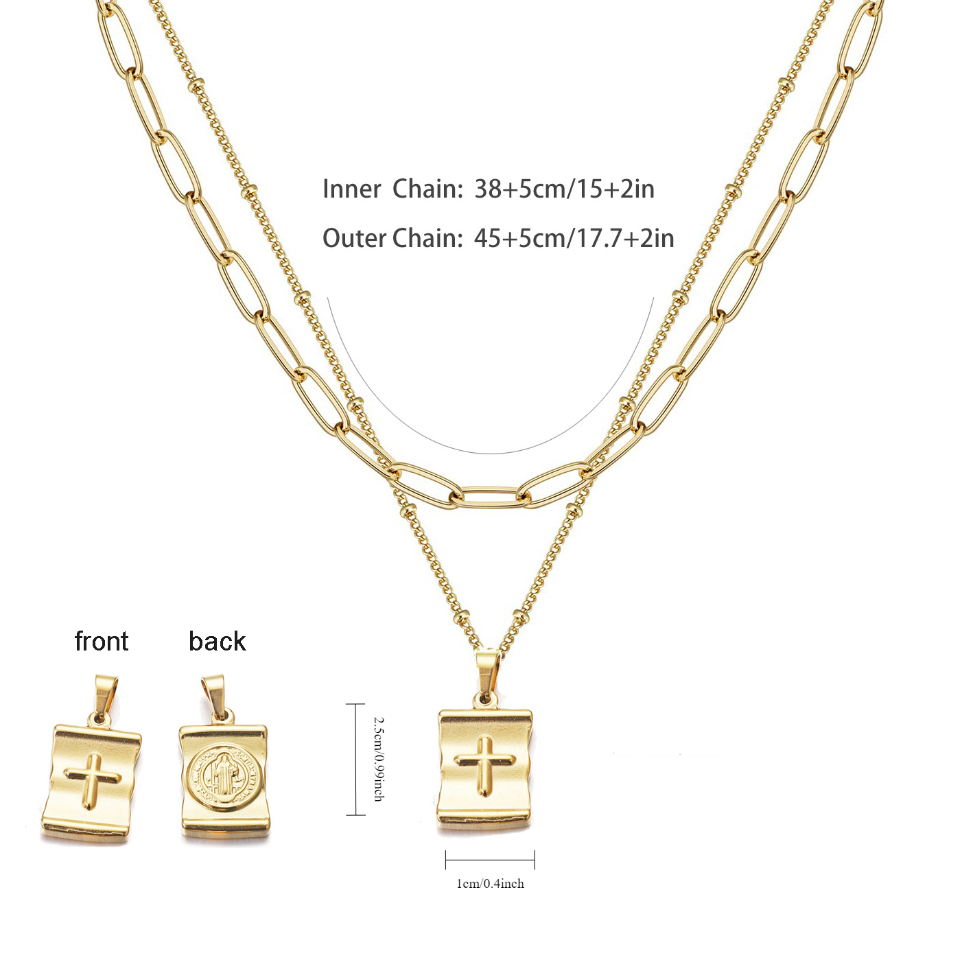 Classic Chic 18K Gold Stainless Steel Cross Shelf Jesus Double Sided Necklace Adjustable Chian Holiday Party Casual Jewelry Gift