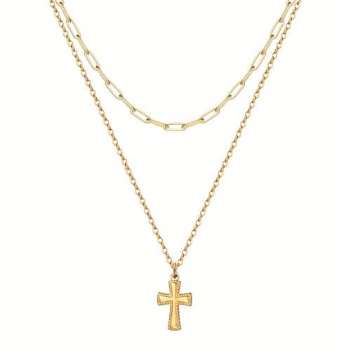 Chic Elegant 18K Gold Plated Stainless Steel Multi-Layer Cross Necklace with Adjustable Chian Holiday Party Casual Jewelry Gift