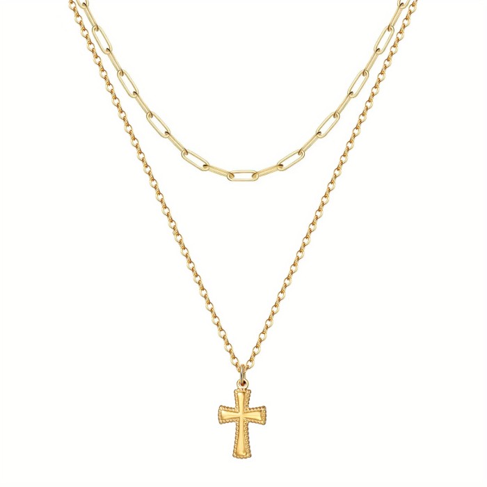 Chic Elegant 18K Gold Plated Stainless Steel Multi-Layer Cross Necklace with Adjustable Chian Holiday Party Casual Je...