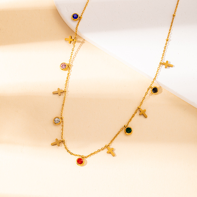 Classic Chic Stainless Steel Zircon Crown Cross Necklace Adjustable Chian Holiday Party Casual Jewelry Gift