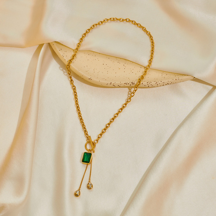 Simple Classic Elegant Chic Fashion Luxury Hypoallergenic Stainless Steel Square Emerald Necklace for Women Gift