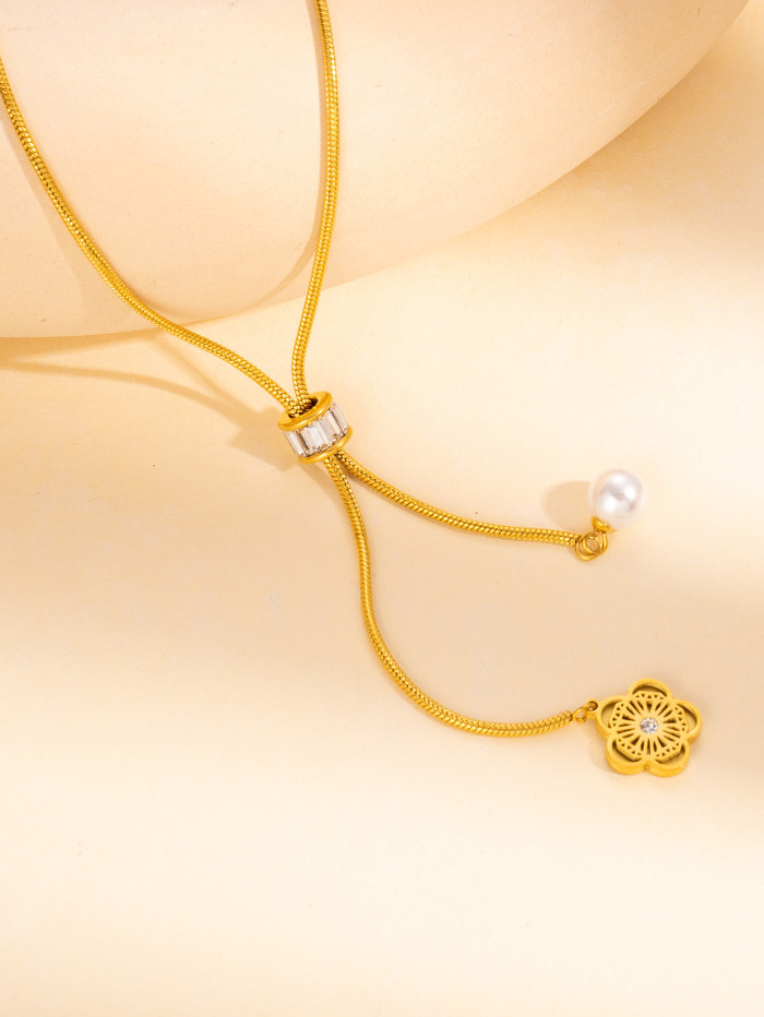 Simple Classic Chic Stylish 18K Gold Plated Stainless Steel Multi-Layer Pearl Tassel Choker Necklace Adjustable Chain