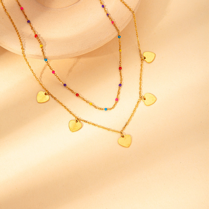 Simple Classic Chic Stylish Hypoallergenic 18K Gold Plated Stainless Steel Multi-Layer Color Beaded Love Heart Choker...