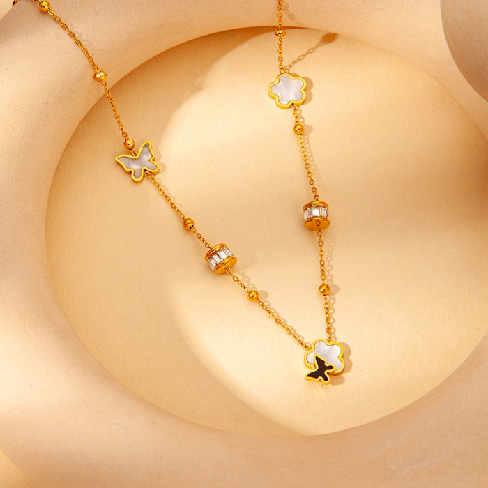 Simple Classic Chic Stylish 18K Gold Plated Stainless Steel Shell Butterfly Flower Choker Necklace Adjustable Chain